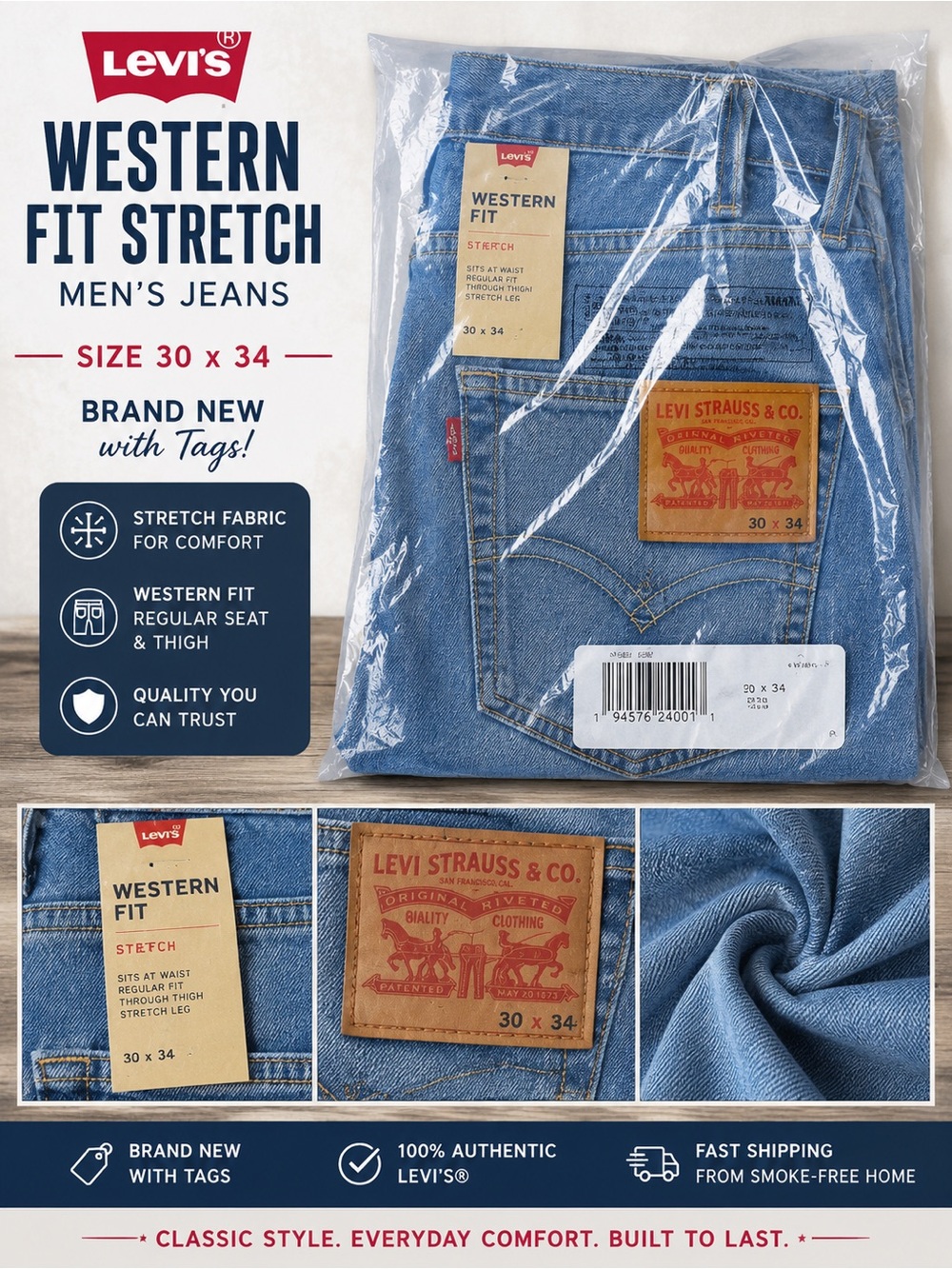 Levi's Western Fit Stretch Jeans — Light Blue Denim